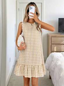 Vestido de verano estilo bohemio con cuello redondo sin mangas y corte evasé a dos colores a cuadros, vestido esencial para vacaciones y uso diario al aire libre - Caqui - Ver 5