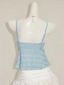 Blusa de tirantes de mujer con volantes de tela texturizada de unicolor para el verano y vacaciones - Azul - Ver 2
