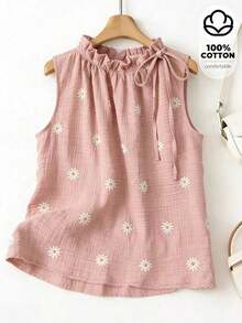 Blusa sin mangas con estampado floral diminuto y cuello con volantes, casual de verano para mujer - Rosa - Ver 1