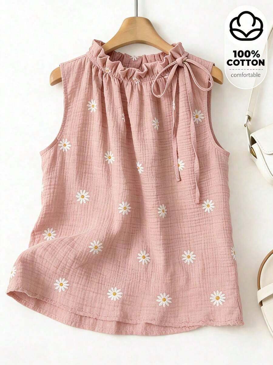 Blusa sin mangas con estampado floral diminuto y cuello con volantes, casual de verano para mujer - Rosa - Ver 1