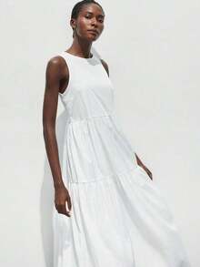 Vestido casual de vacaciones con diseño de volantes escalonados en verde jade, vestido cómodo con cuello redondo, división horizontal, parches y fruncidos, atuendo bohemio de playa, elegante vestido de estilo occidental para vacaciones de muje - Blanco - Ver 2