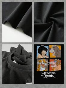 Ilustración colorida con personajes de una selva mágica que transmiten amistad libertad y aventura en un cuadro retro inspirador camiseta de mujer  casual cómoda para diario - Negro - Ver 4