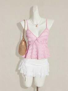 Blusa de tirantes de mujer con volantes de tela texturizada de unicolor para el verano y vacaciones - Rosa Pálido - Ver 5