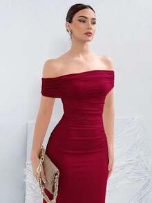 Vestido elegante de punto con hombros descubiertos de unicolor para banquetes - Burdeos - Ver 3