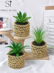 3件組人造藤編小多肉盆栽植物，綠色，PE材質，聚酯纖維材質，桌面裝飾，學校宿舍辦公室裝飾，派對活動節日生日派對裝飾，居家玄關酒店餐廳臥室廚房花園裝飾，綠色裝飾 - 多色-D - 查看 3