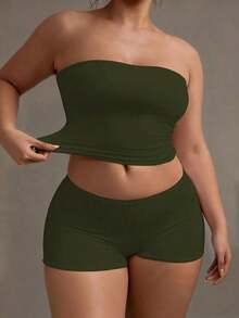 Camiseta sin tirantes sexy básica, top tubo ajustado de unicolor y elástico a la moda, adecuado para mujeres en todas las estaciones, casual negro de verano - Verde militar - Ver 5