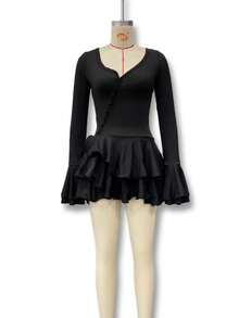 Women's International Autumn Long Sleeve Bell Sleeve Dress With Simple Buttons, Fitted With Ruffles, Elegant - 黑色 - 查看 5