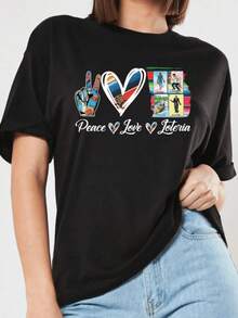 Camiseta  con estampado colorido de símbolo de paz,corazón y cartas de lotería mexicana,estilo casual moderno,tela suave  cómoda y transpirableCamiseta Algodón - Negro - Ver 1