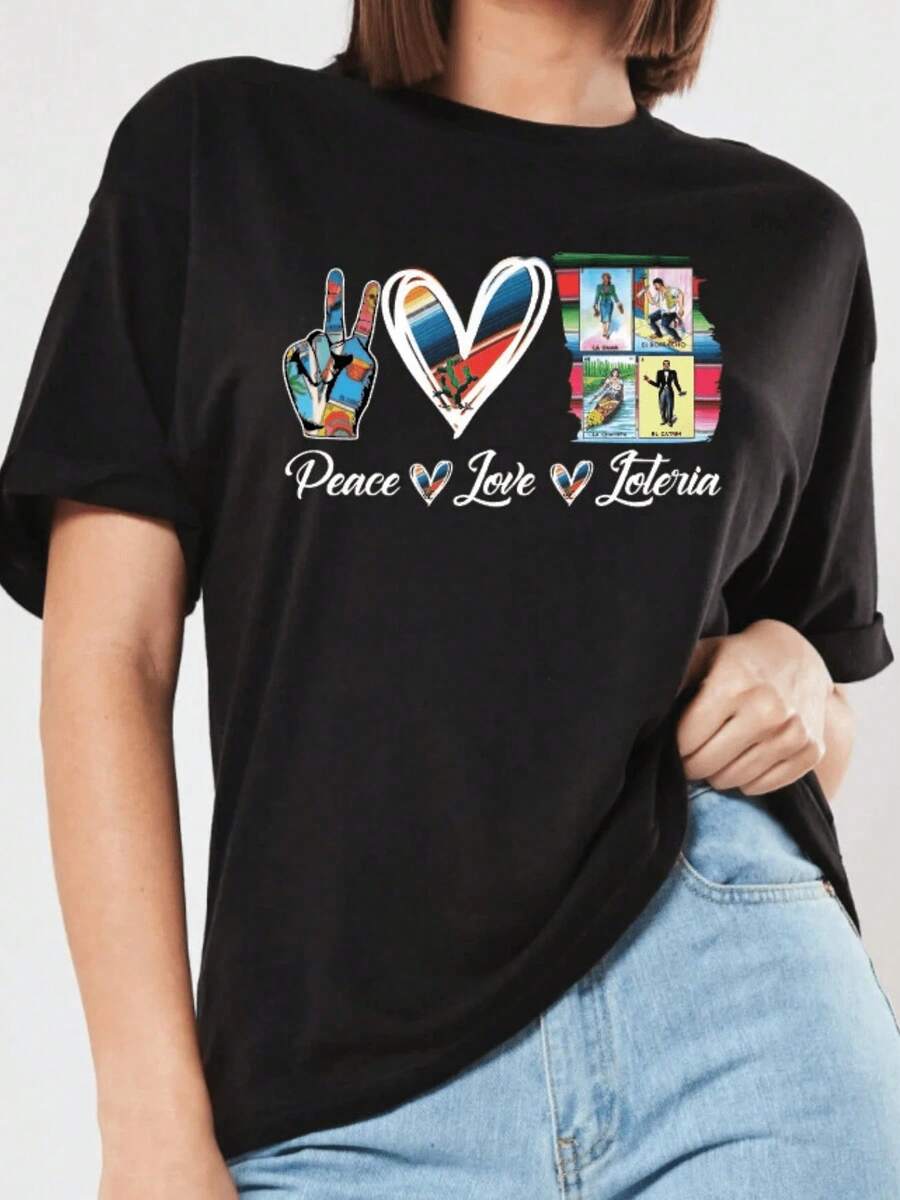 Camiseta  con estampado colorido de símbolo de paz,corazón y cartas de lotería mexicana,estilo casual moderno,tela suave  cómoda y transpirableCamiseta Algodón - Negro - Ver 1
