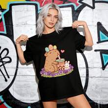 Tops para mujer de Algodón Negra con Estampado de Capibara Boba de Pascua para Mujer, Linda  Casual de Manga Corta con Cuello Redondo, Corte Regular, Elasticidad Media, Ropa Urbana - Negro - Ver 7