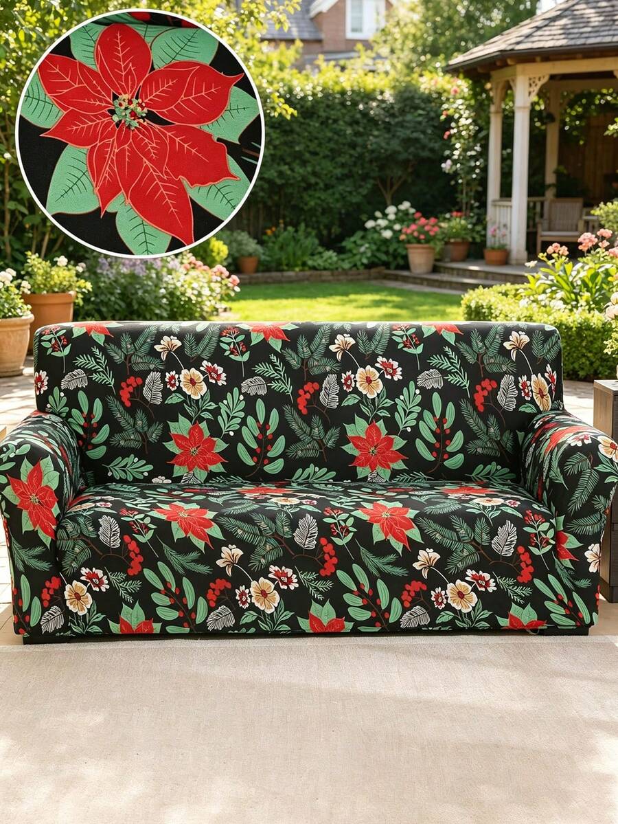 1pc Green Floral & Plant Pattern Stretch Full Coverage Sofa Cover, Minimalist Modern Style, Polyester Fabric, Washable, Suitable For All Seasons, Excluding Pillow Cover - Green - View 1
