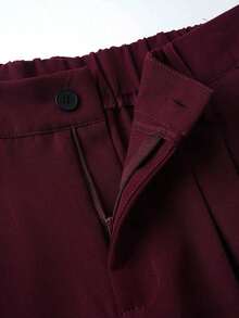 Pantalones anchos de primavera casuales para mujer , estilo de pierna recta holgada, diseño de cintura único de unicolor, adecuados para la oficina y el uso diario, versátiles y favorecedores - Burdeos - Ver 5
