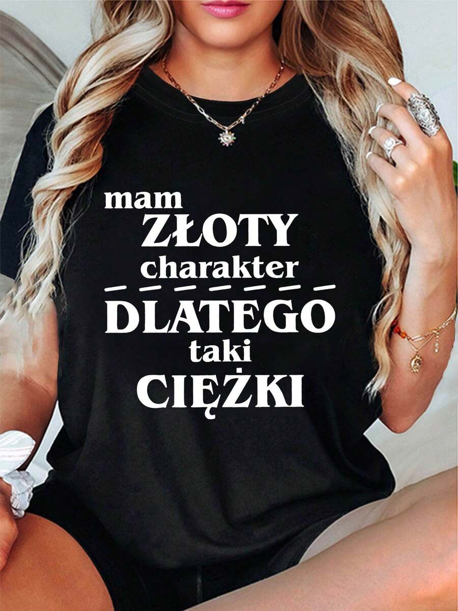 Camiseta Plus Size de Manga Corta con Estampado "Mam ZLOTY Character DLATEGO Taki CIEZKY", Top Casual para Mujer, Ropa de Primavera y Verano - Negro - Ver 1