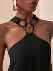 Mono de pierna ancha de unicolor y redondo conectado de moda para mujer - Negro - Ver 12