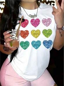 Women's T-Shirt With Multicolored Hearts Print In A Rainbow Style With A Bright Glitter Effect, Eye-Catching And Cheerful Design, HD Heat Transfer Printing, Short-Sleeved Round Neck Casual Summer Top - 白色 - 查看 6