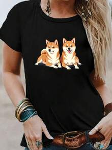 Classic T-Shirts With A Print Of Two Shiba Inu Dogs, Short-Sleeved And Round Neck, Casual Tops, A Hit For Women's Spring And Summer Clothing. - 黑色 - 查看 7