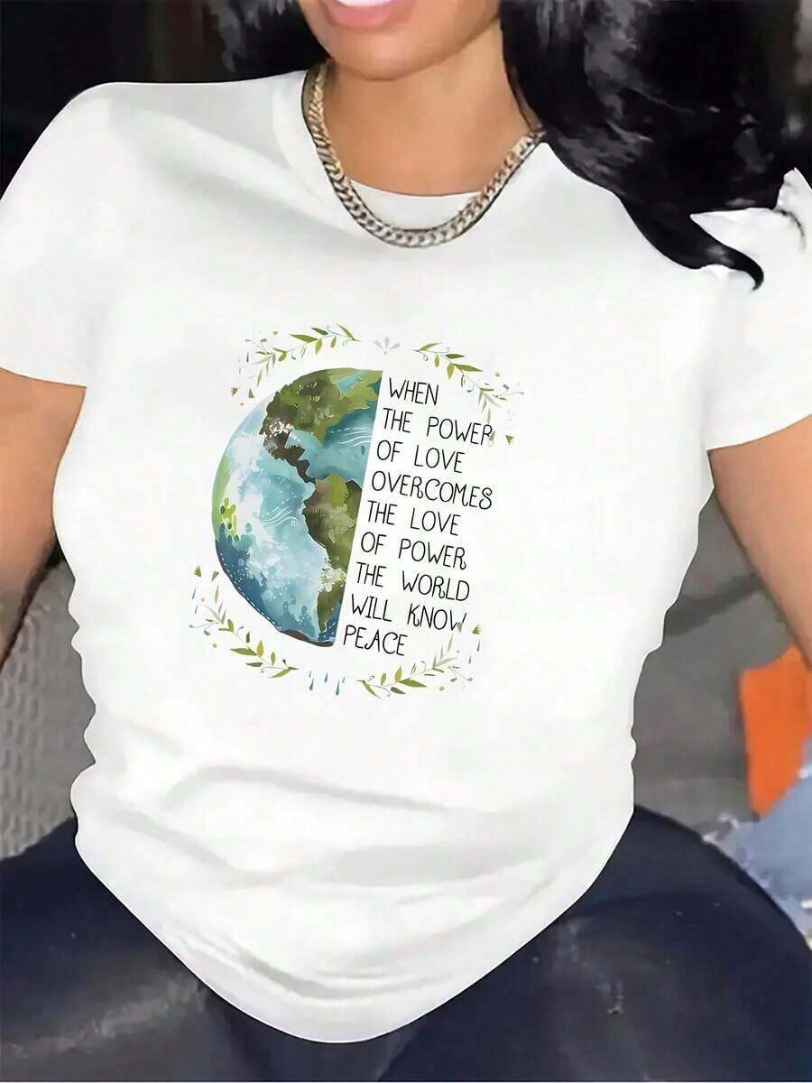 Modern Minimalist T-Shirt With Earth-Inspiring Design | Ideal For The Home Office Or Casual Wear, Made Of Fabric, Perfect Gift For Peace Lovers, Stylish And Lightweight T-Shirt For Everyday Wear, Medium Casual Style For Daily Life. - 白色 - 查看 1