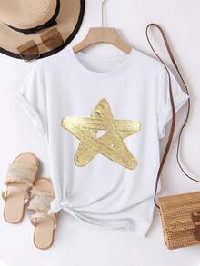 Camiseta de mujer: Camiseta cómoda y casual de manga corta con cuello redondo y estampado de estrellas doradas que brilla intensamente y resalta un encanto único. Cuello redondo, longitud regular, adecuada para todas las estaciones. Moda diaria, ideal para la ropa femenina de primavera y verano. - Blanco - Ver 6