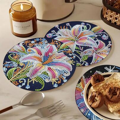 4pcs/Set Crystal Lily Pattern Diamond Painting Placemats, DIY Mosaic Crafts Full Round Crystal Rhinestone Painting Art Heat-Resistant Coasters, Art And Craft Kits, Kitchen Dining Table Decor, Handmade Gifts, Suitable For Home Living Or Gifting To Family And Friends On Birthdays And Holidays