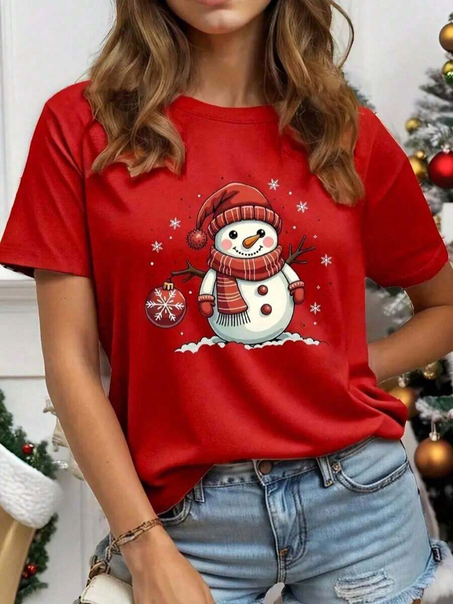 Nueva Camiseta Casual de Verano para Mujer con Estampado Navideño, Cuello Redondo y Manga Corta - Estilo Vintage Urbano, Unisex, Holgada, de Algodón, con Cuello Redondo y Manga Corta - rojo - Ver 1