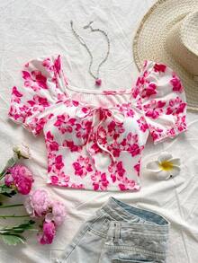 Estilo bohemio, floral romántico, estilo de vacaciones, blusas con estampado floral con temática del 4 de julio, blusas de vacaciones, blusas con cuentas, blusas de fiesta, blusas de tirantes, blusas cortas con temática del 4 de julio para mujeres, - Rosa 2 - Ver 5