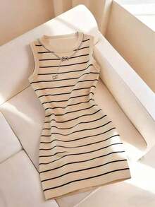 Vestido de mujer de cuello redondo ajustado sin mangas con estampado de rayas, primavera/verano - Multicolor 2 - Ver 4