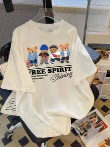 Camiseta de punto blanca de talla grande para adolescente con un sencillo y divertido patrón de oso de dibujos animados, adecuada para el verano. - Blanco - Ver 1