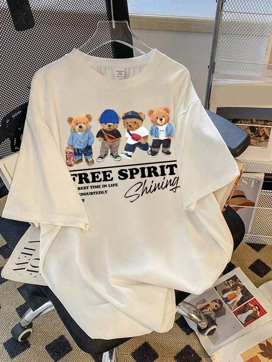 Camiseta de punto blanca de talla grande para adolescente con un sencillo y divertido patrón de oso de dibujos animados, adecuada para el verano. - Blanco - Ver 1