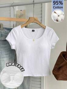 Camiseta ajustada de mujer de cuello de pico, manga raglán, color azul claro, estilo minimalista casual, 95% algodón - Blanco - Ver 1