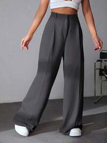 Pantalones casuales y versátiles de cintura alta con pierna ancha de unicolor - Gris Claro - Ver 6