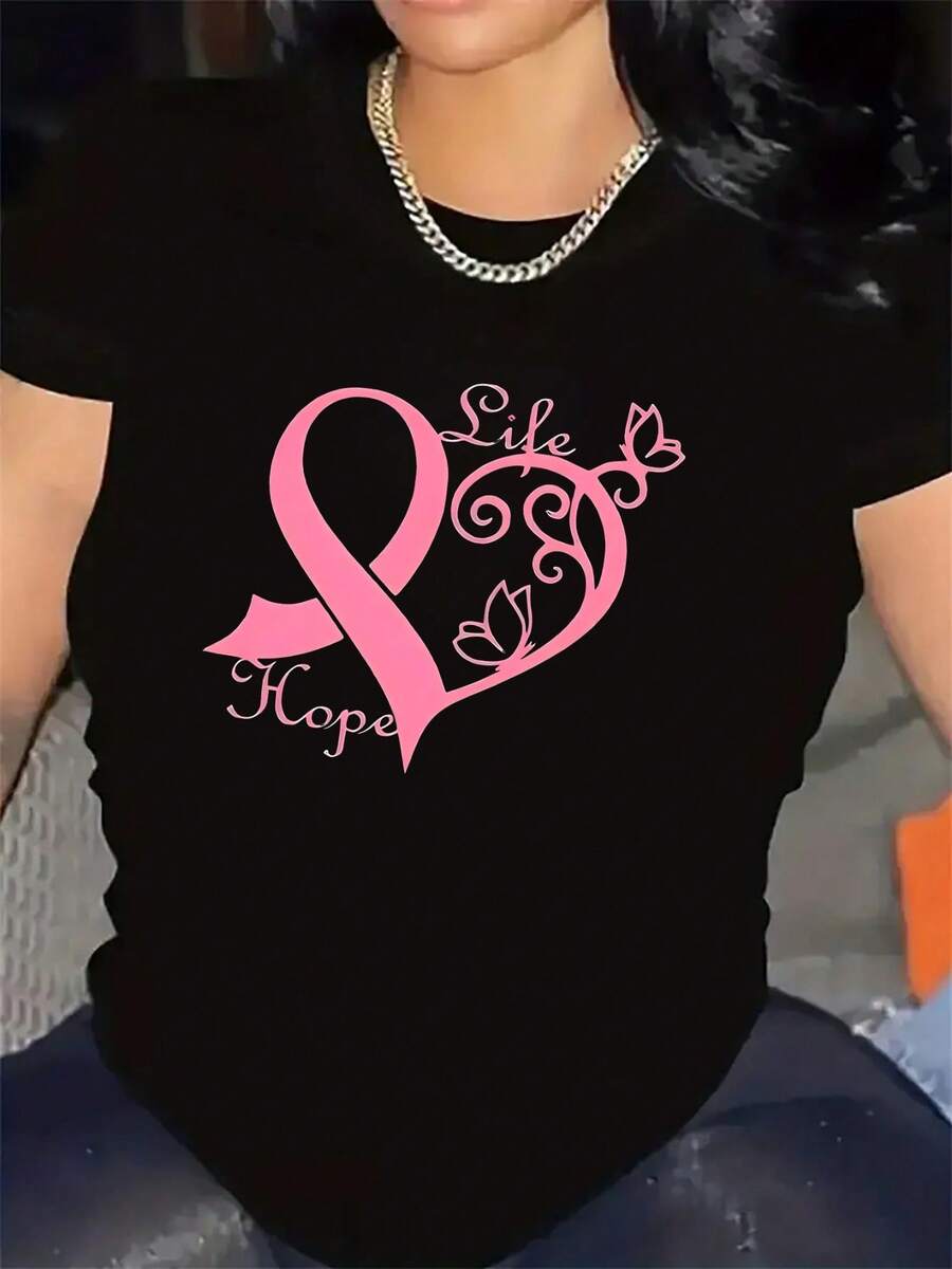 Camiseta de talla grande para la concientización sobre el cáncer de mama - Diseño de lazo rosa y 'Esperanza de Vida', camiseta de manga corta, cómoda y casual de cuello redondo, adecu para el hogar, la oficina, atuendo casual, ropa de concientización lavable a máquina