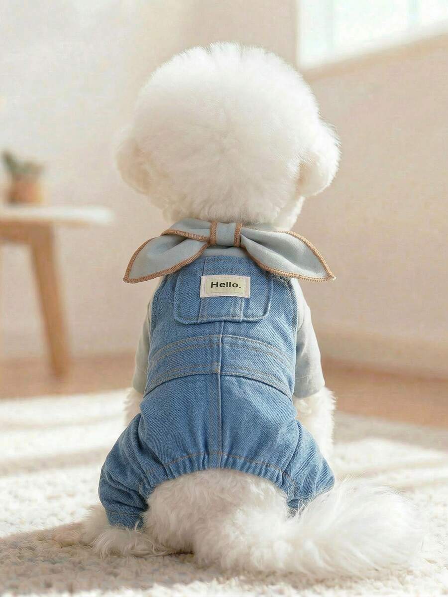 PETCIRCLE 1件宠物服装,可爱四脚套装,适合小型/中型犬,耐用易清洗,含领结项圈和背带裤 - 藍色 - 查看 1