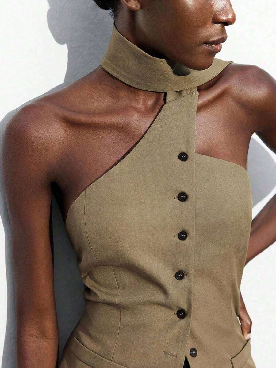 asimétrico de cuello halter con lazo delantero y corte asimétrico, color azul, elegante y chic para fiesta, oficina, viajes, negocios, adecuado para Año Nuevo, graduación, playa, vacaciones, invitado de boda, anfitriona - Café integral - Ver 1