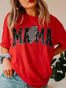 Cool Summer Clothes For Women, Vintage Casual 'MAMA' T-Shirt For Mom - Loose Fit Crew Neck T-Shirt, White Letter Print, Suitable For Fashionable American Moms In All Seasons, Casual Outfit And Maternity Clothes (Hand Washable, Essential Item For All Seasons) Fashion - 紅色 - 查看 6
