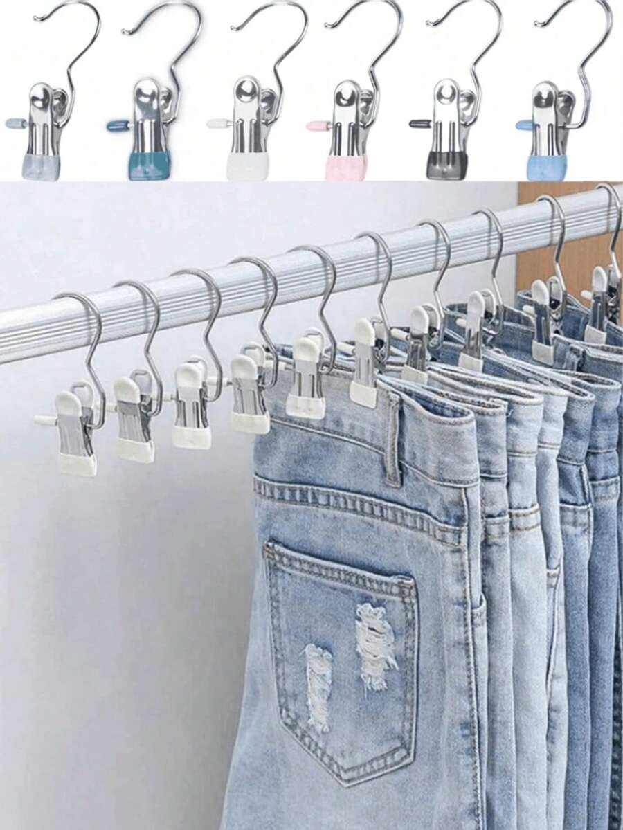 5pcs High Quality Stainless Steel Clothes Clips, Adjustable Metal Pants Rack With Clips, Hanging Laundry Clips With Hooks, For Garments, Pants, Skirts, Decor, Spring, Minimalist, Portable Hanging Clothes Clips For Summer Tops