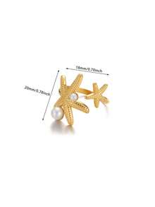 1pc Summer Ocean Style Double Starfish & Pearl Open Ring, 18K Gold Plated Stainless Steel Band, Vacation Versatile Accessory, Beach Trip & Daily Wear Gift - Yellow Gold - View 12