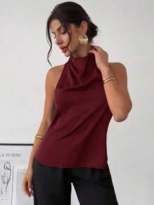 negra ajustada de estilo casual y elegante para la temporada de primavera/verano, con cuello asimétrico, sin mangas, escote halter, espalda descubierta y decoración de lazo - Granada - Ver 7