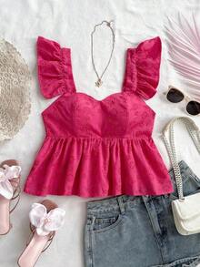 Blusa de corte de línea A con cuello cuadrado, manga corta y estampado retro azul y blanco, adecuada para fiestas, citas, el Día de San Valentín, el té de la tarde - Rosa Fucsia - Ver 3
