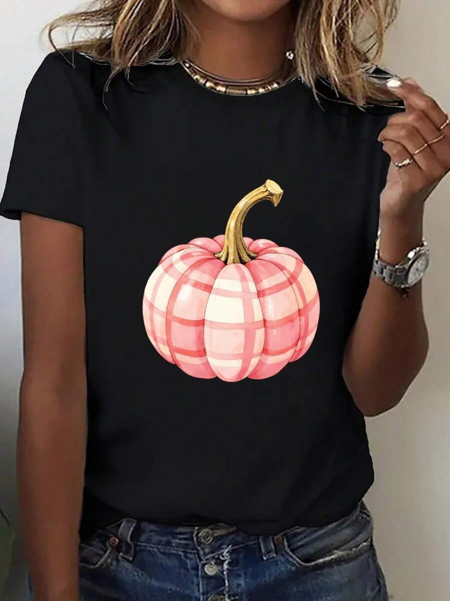 Women's T-Shirt - Lightweight, Loose Fit, Round Neck, Sheer, Casual Everyday Shirt, Essential For Spring And Summer, Women's T-Shirt, Summer Clothes, T-Shirt With Vibrant Print, Comfortable For Everyday Wear, Women's T-Shirt, Summer Clothes, T-Shirt With Vibrant Print, Comfortable For Everyday Wear, Comfortable Everyday Clothes. - 黑色 - 查看 1