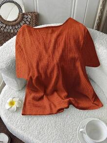 Blusa casual de manga corta con nudo delantero de unicolor para mujer de talla grande - Naranja 2 - Ver 2
