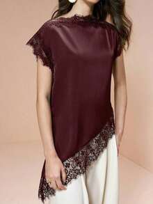 Blusa de mujer , de tela de piqué con lunares en blanco y negro, con empalme de encaje de unicolor y bajo asimétrico, elegante para citas y atuendos de verano - Burdeos - Ver 6