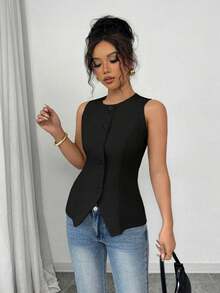 Camisa informal sin mangas de unicolor para el viaje del verano - Negro - Ver 4