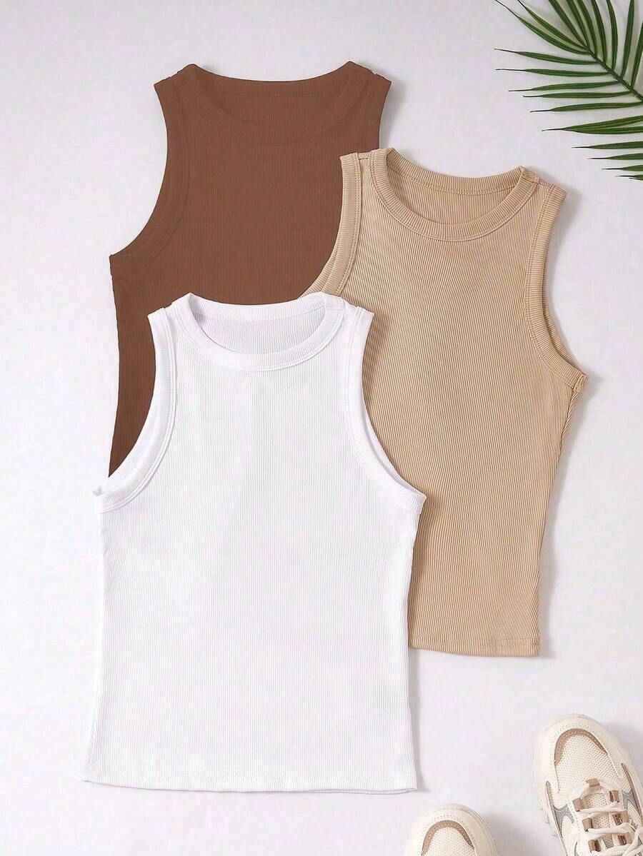 Camisetas de tirantes de mujer de unicolor y cuello redondo - Marrón - Ver 1