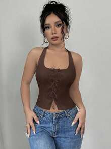 blanca elegante y ajustada con cuello de lazo para volver al colegio - Café integral - Ver 4