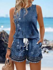 Conjunto de 2 piezas: top de tirantes con cuello redondo y estampado floral vintage casual, y camiseta de manga corta, apropiados para el verano - Azul - Ver 7