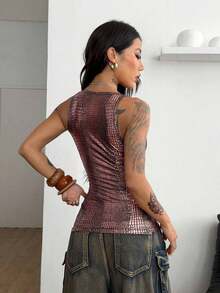 Camiseta de punto de verano con cuello en V gris, cómoda y elegante, con encaje de contraste, para salir y vacaciones - Rosa - Ver 4