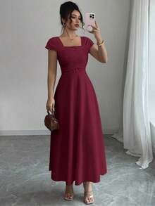 Vestido elegante de manga raglán y cuello cuadrado con detalle cruzado en el busto, de unicolor para mujeres - Burdeos - Ver 3