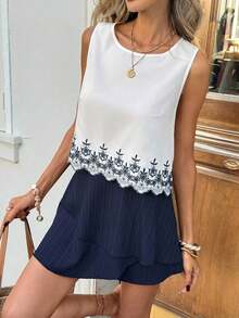 2 piezas de camiseta sin mangas y shorts de falda con diseño asimétrico y multicapa, ideal para uso casual, ir al trabajo o de vacaciones - Azul y blanco - Ver 4