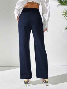 PETITE Pantalones rectos de uso casual diario de unicolor para damas - Gris Oscuro - Ver 8