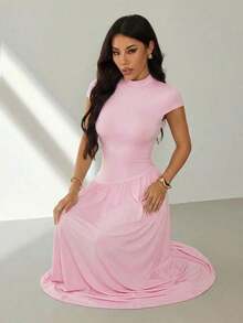 Vestido casual largo plisado de manga abullonada y cuello alto en unicolor para mujer, de verano - Rosa - Ver 5